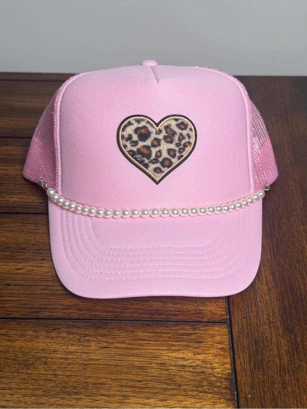 Pink Trucker Hat Mesh Back Leopard Heart Patch Pearl Hat Chain